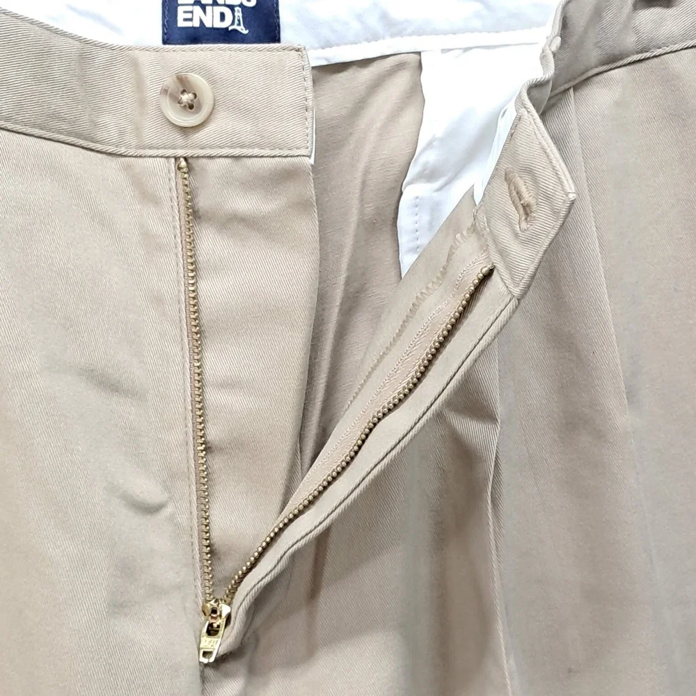 Lands End Mens 42 Traditional Fit Pleated Chino Pants Khaki Tan Cotton